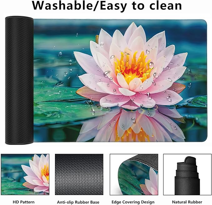 MIOAOSRT Desk Mat,Beautiful Pink Lotus Large Gaming Mouse Pad with Stitched Edges,Non-Slip Computer Mouse Pad for Desk,Extended XXL Keyboard and Mouse Pad 35.4x15.75 in