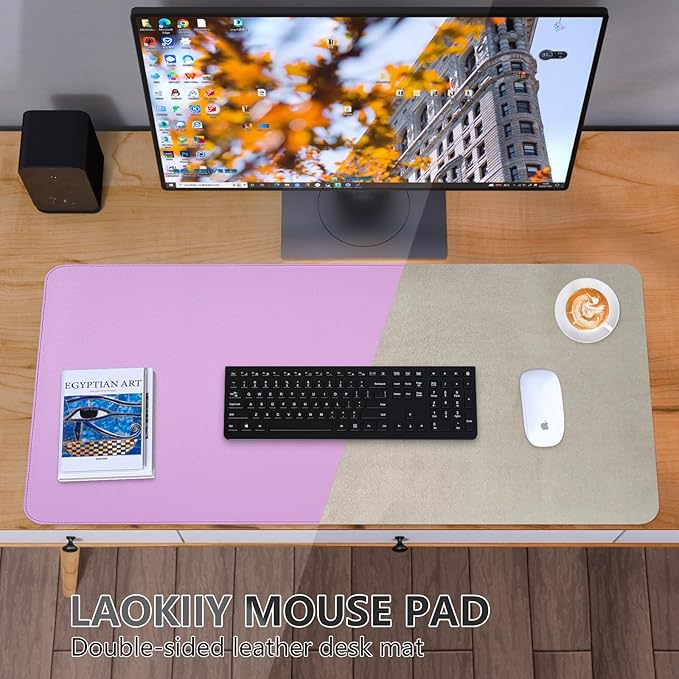 Dual-Sided Desk Pad, Large Mouse Pad - Natural Cork & PU Leather Non-Slip Waterproof Desk Mats for Office and Home (Purple, 31.5" x 15.7")