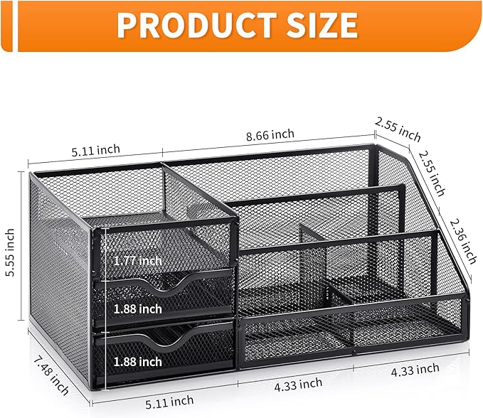 Lavatino Larger Mesh Desk Organizer with Drawers, Multifunctional Desk Organizers and Accessories with 6 compartments + 2 Drawer, Office Desktop Organization for supplies (Black)