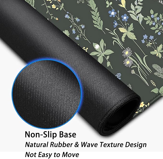 Green Plants Flowers Desk Pad Mouse Pad,Large Floral Mouse Mat with Stitched Edges,Non-Slip Rubber Base Elegant Mousepad for Office PC Keyboard Laptop and Home Work Desk Mat(27.5X11.8 in)