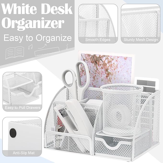 11 in 1 Desk Organizers and Accessories - White Office Supplies - Includes White Stapler, Tape Dispenser, Pen Holder, Staple Remover, Clips, Ruler, Scissors, Tapes, Tabs