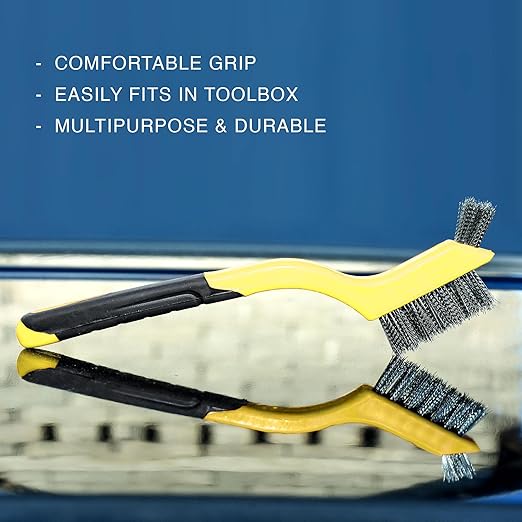 Lavaxon Wire Brush Set 3Pcs - Nylon/Brass/Stainless Steel Bristles with Curved Handle Grip for Rust, Dirt & Paint Scrubbing with Deep Cleaning – 7 Inches (Yellow)