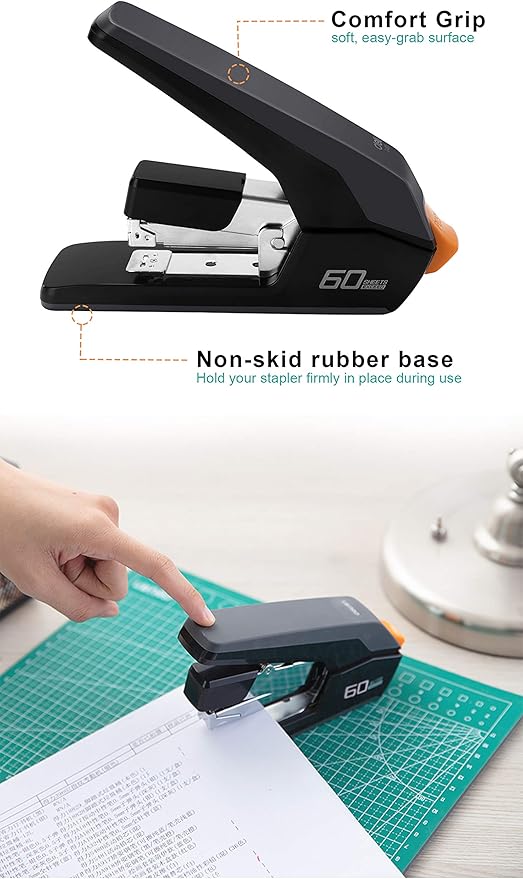 Deli Effortless Heavy Duty Stapler, One Touch Stapling, Easy to Load Ergonomic Stapler, 60 Sheet Capacity, Includes 2000 Staples and Staple Remover for Desktop