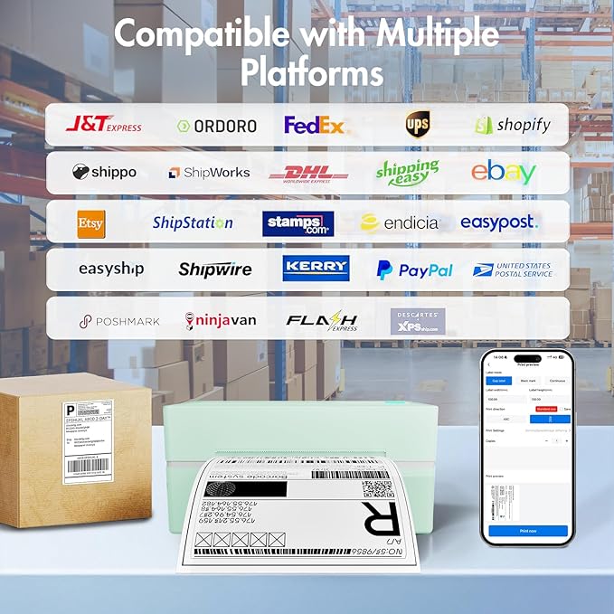 Bluetooth Thermal Shipping Label Printer: 4x6 Wireless Mini Clear Label Maker with Waterproof Tape for Small Business - Widely Used for USPS UPS Ebay Amazon Shopify Etsy, Green