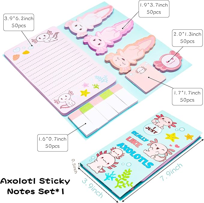 Xqumoi I Just Really Like Axolotl Sticky Notes Set, 550 Sheets, Animal Mexican Walking Fish Shaped Self-Stick Notes Pads Divider Tabs Bundle Writing Memo Pad Page Marker Back to School Office Supplies