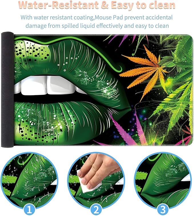 Desk Mat Large Gaming Mouse Pad (31.5x11.8 inch) with Stitched Edges, XL Mouse Pad +Coaster, Extended Mouse Mat Keybroad Mousepad Non-Slip Rubber for Gamer Men Women, Green Lip Weed