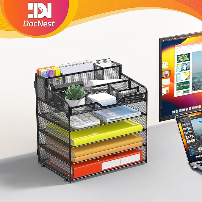 Docnest 5 Tier Mesh Desk Organizer for Paper Office Supplies – Multi-Functional Letter Tray with 5 Adjustable Compartments, 3 Pen Holders, Desktop Storage for Files, Mail, Stationery – Black