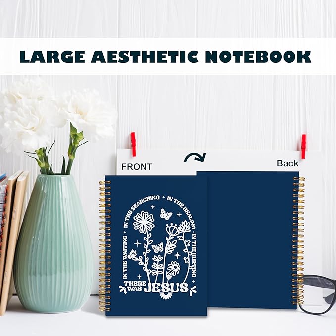 BearCake Boho Floral Christian Notebook Journal, Christian Gifts for Women, Bible Notebooks for Note Taking, Bible Journaling Notebook, There Was Jesus Hardcover Spiral Notebook 5.5x8.3 Navy Blue