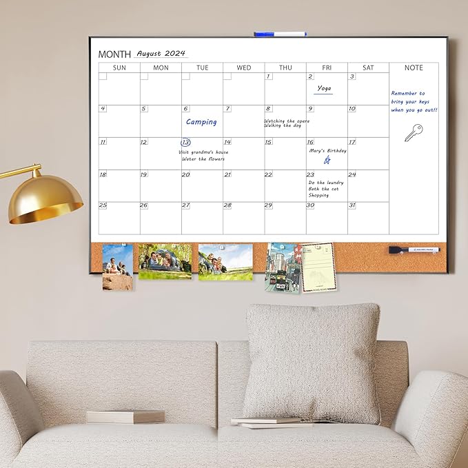ARCOBIS Dry Erase Calendar with Cork Board for Wall, 36"x 24" Magnetic Calendar Whiteboard with Black Frame, Monthly Combination Board for School, Home, Office