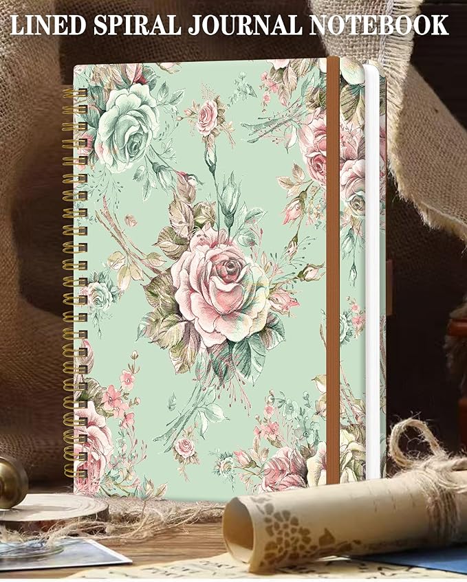 Spiral Journal Notebook for Women, Hardcover A5 College Ruled Notebook, 120 Pages, Thick Paper, Cute Lined Journal for School, Office & Work, 6 x 8.4 in(Vintage Flower)