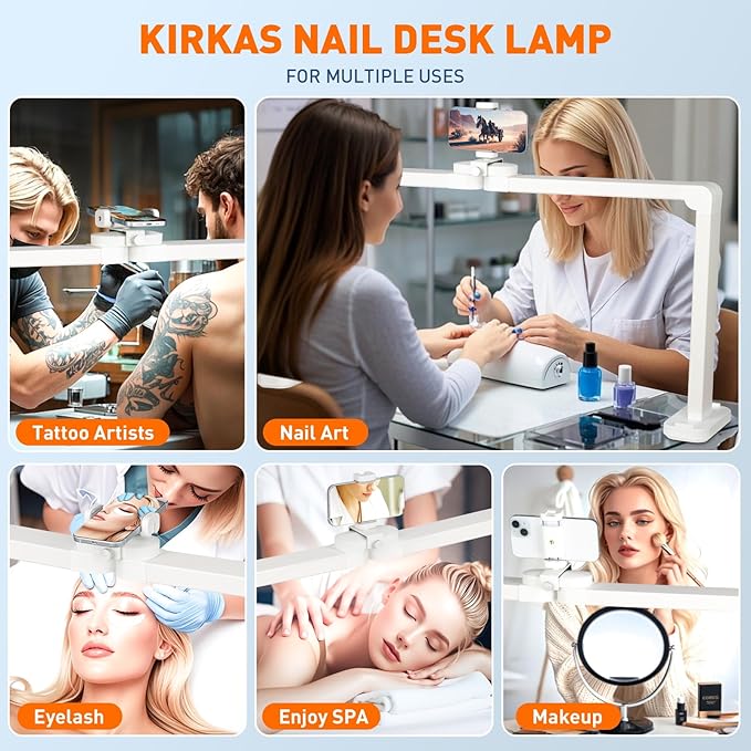 KIRKAS 34inch Large Half Moon Light for Nail Tech, 456 LEDs 3 Color Modes Infinitely Knob Arch Light with Phone Holder Charging Function, Foldable Nail Desk Lamp for Eyelash Extension, Tattoo-White