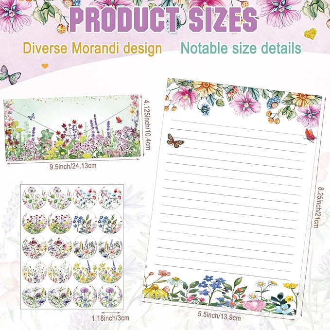 TaoBary 160 Pcs Stationery Paper Set 50 Double Sided Stationery Papers with 50 Matching Envelopes and 60 Round Dot Sticker, 10 Design(Wildflower,8.5 x 11 Inch)