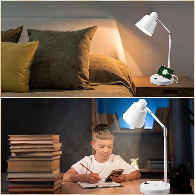 LED Desk Lamp with Dual USB Charging Ports, 100% Metal, 270° Swivel Arms, Soft White Light (3000K), Bedside Reading Lamp, Home Office Lamp(White)