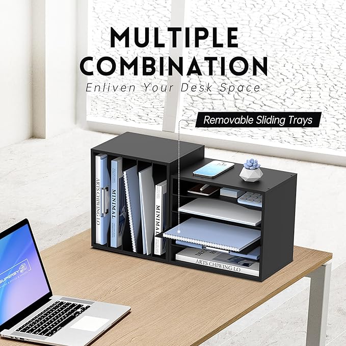 SUPEASY Wood Desk Organizer, 5 Tier Paper File Organizer for Desk, Wooden Desktop Organizer, Paper Letter Literature Mail Sorter, for Office School & Home Organization, Black