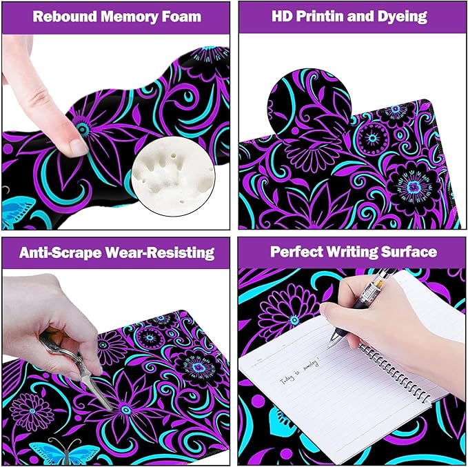 ARTSO Purple Desk Mat, Large Gaming Mouse Pad with Wrist Rest, Flower Butterfly XXL Mousepad+Keyboard Wrist Rest+Mouse Pad Wrist Support+Coaster Set for Home Office Accessories