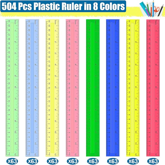 504 Pcs Rulers Bulk, 12 Inch Plastic Assorted Color Clear Rulers with Inches Centimeters Millimeter. Measuring Drawing Tool for Kids, Ideal Back to School Classroom Office Home Supplies