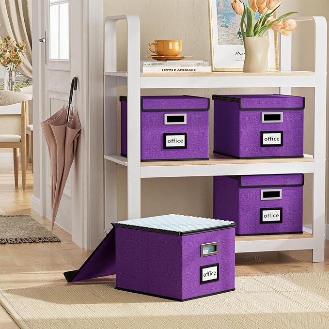 Huolewa File Organizer Box with Lid, Collapsible File Folder Organizer for Office Document Storage, Filing Box with Plastic Slide for Letter/Legal Size Hanging Files, Purple