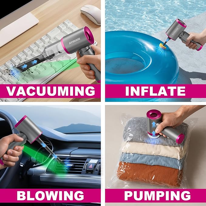 Car Vacuum Portable Cordless, 20000PA High Power Vacuum Cleaner, Brushless Motor, 3-Speed Modes, 4 in 1 Compressed Air Duster, Air Blower, Pump Handheld Vacuum with LED for Car, Home, Office, Camping