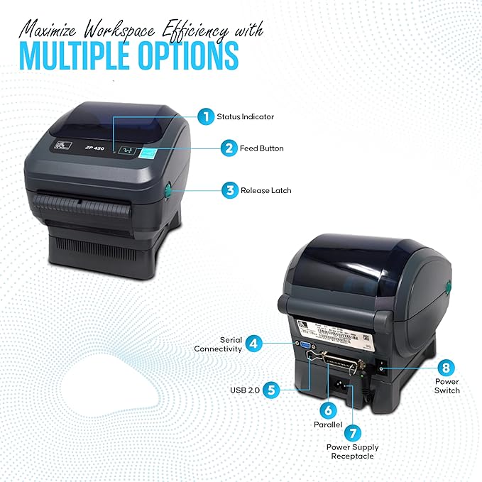 ZP450 Zebra Direct Thermal Label Barcode Printer -1 Year Warranty - with USB 2.0 Cable & 3 Prong Cord - USB, Serial and Parallel Connectivity 203 DPI