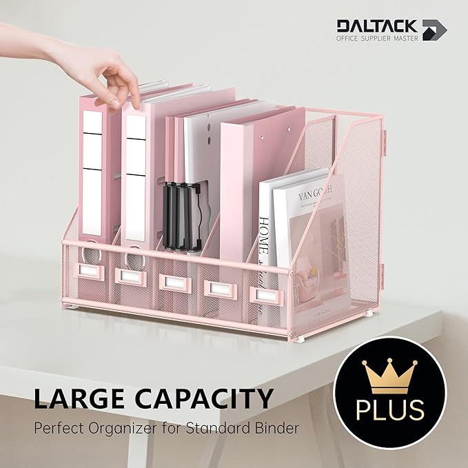 DALTACK Desk Organizers Metal Magazine File Holder with 5 Vertical Compartments Folder Storage Binder Organizer for Office Home School Organization, Pink Plus