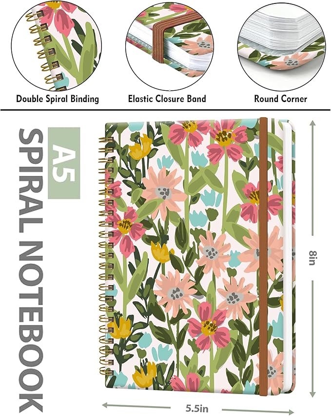 Spiral Journal Notebook for Women, Hardcover A5 College Ruled Notebook, 120 Pages, Thick Paper, Cute Lined Journal for School, Office & Work, 6 x 8.4 in(Meadow Wildflowers)