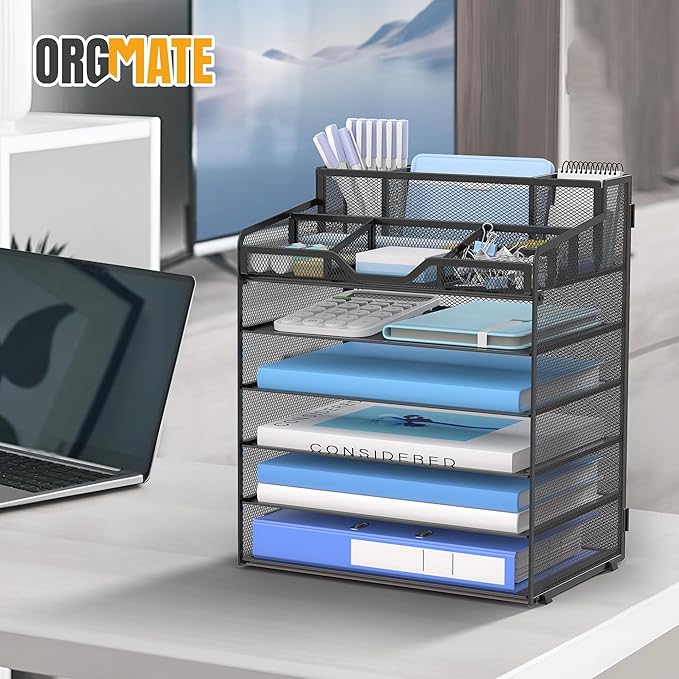 6 Tier Mesh Desk Organizer,Multi Functional Letter Paper Tray with 3 Pen Holders and 5 Adjustable Storage Compartments for Office Supplies Files and Mail Space Saving Desktop Organizer-Black