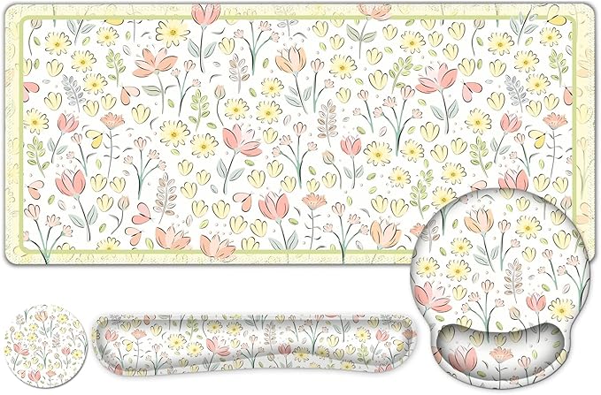 Desk Mat, 4in1 Large Mouse Pad with Wrist Rest, Cute Desk Matt for Desktop, Desk Pad Mat, Anti-Slip XXL Computer Ergonomic Mousepad with Wrist Support for Keyboard and Mouse I Nice Yellow Flowers