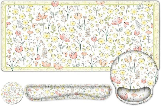 Desk Mat, 4in1 Large Mouse Pad with Wrist Rest, Cute Desk Matt for Desktop, Desk Pad Mat, Anti-Slip XXL Computer Ergonomic Mousepad with Wrist Support for Keyboard and Mouse I Nice Yellow Flowers