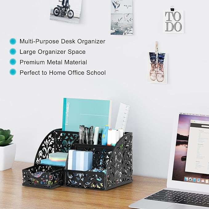 EasyPAG Pen Holder Desk Organizer with Drawer Pencil Cup for Desk 6 Compartments Metal Office Caddy Storage with Sticky Notes Holder for School Home Office, Black