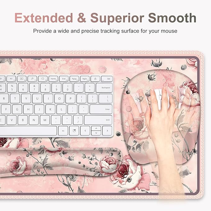 4 in 1 Large Mouse Pad, Keyboard Wrist Rest Set, Ergonomic Mouse Pad with Wrist Support, Desk Mat with Stitched Edges Extended Desk Pad Waterproof Desk Mat for Home Office Game I Pink Rose Flowers