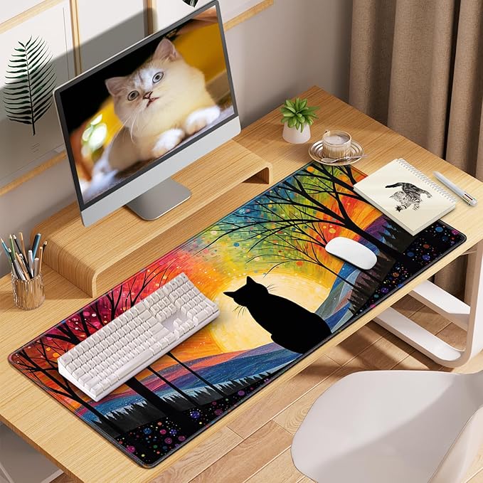 Anime Black Cat Mouse Pad Cute Desk Mat, XXL Large Gaming Mouse Pad Keyboard with Stitched Edges Non-Slip, 35.4×15.7in Keyboard Mat for Desktop Computer Laptop Office Women Desk