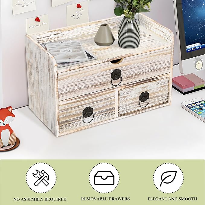Vintage Wood Desk Organizer, Small Desk Organizer with Drawers, Tabletop Storage Organization Box for Office Home Toiletries Supplies, No Assembly Required (3 Drawer and Shelf)