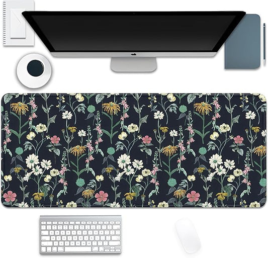 Dark Botanical Flowers Mouse Pad,Extended Black Plant Floral Mousepad Desk Pad with Stitched Edges,Non-Slip Waterproof Rubber Base Mouse Mat for Office Computer Keyboard Laptop Home(27.5x11.8 in)
