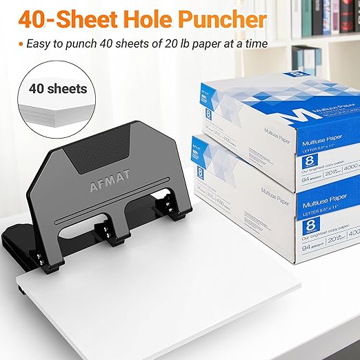 AFMAT HPX3 Heavy Duty 3 Hole Punch, 40-Sheet 3 Hole Puncher for Binder, Metal Three Hole Punch w/ 10,000+ Uses, 50% Reduced Effort, Bulit-in S.S. Paper Guide, Large Chip Tray, Black