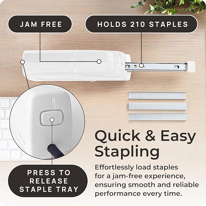 Portable Automatic Electric Stapler - 30 Sheet Capacity, Quiet Operation, Jam-Free and Easy Reload - AC Adapter/Battery Powered, (White)