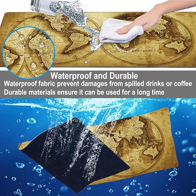Mouse Pad, Large Antique World Map Desk Mat, Extended Non-Slip Gaming Keyboard Mousepad Desk Pad, Thick Stitched Edges Waterproof Mouse Mat 31.5"x15.7" (Retro World Map)