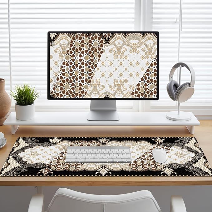 Large Mouse Pad, Desk Mat for Desktop, DeskPad Matt, XXL Big Mouse Pad for Desk, Anti-Slip Mousepad with Stitched Edges, Keyboard Pad Mouse Mat Cover for Computer PC 35.4×15.7 Inchs, Brown Rug Retro