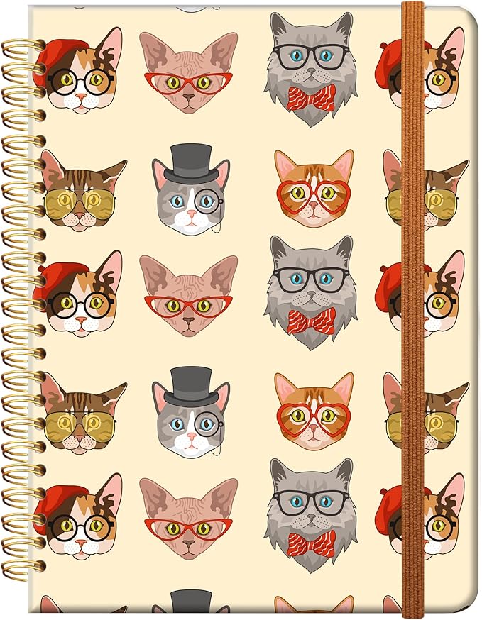Ruled Spiral Writing Notebook,A5 Hardcover Lined College Journal for Women,Strong Twin-Wire Binding with Premium Paper,8.4" X 6",Perfect for School,Office,Home(Cute Funny Cats)