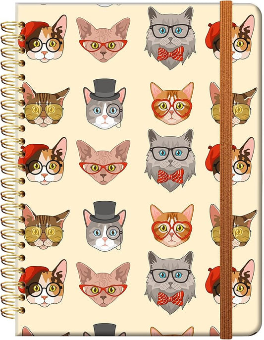 Ruled Spiral Writing Notebook,A5 Hardcover Lined College Journal for Women,Strong Twin-Wire Binding with Premium Paper,8.4" X 6",Perfect for School,Office,Home(Cute Funny Cats)