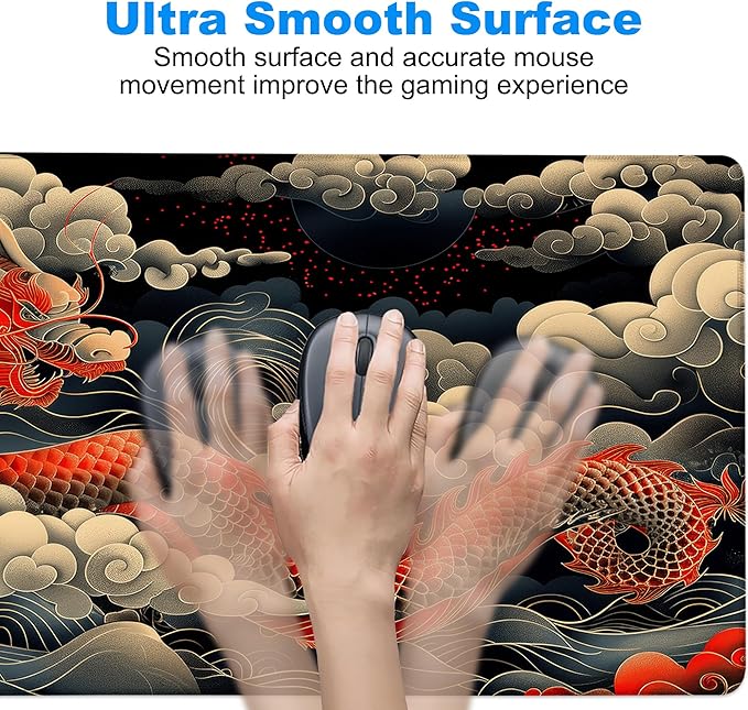 Desk Pad, Japanese Wave and Red Dragon Auspicious Clouds XL Gaming Mouse Pad with Stitched Edges,Non-Slip Waterproof Rubber Base Large Desk Mat for Keyboard and Mouse 31.5"x11.8"