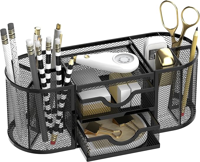 SUPEASY Mesh Desk Organizer, Desk Organizers and Accessories, Pen Holder with Drawers, Pencil Holder for Desk with 2 Drawer for Office Supplies, Black