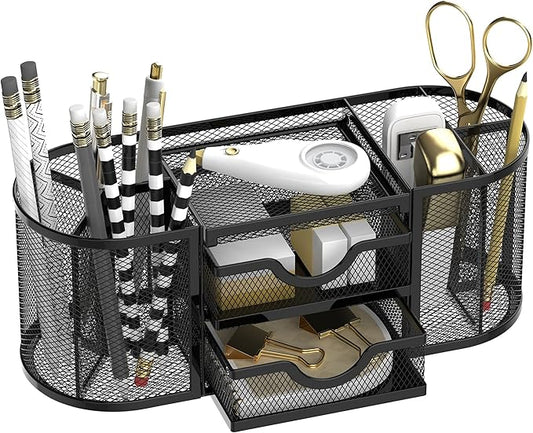SUPEASY Mesh Desk Organizer, Desk Organizers and Accessories, Pen Holder with Drawers, Pencil Holder for Desk with 2 Drawer for Office Supplies, Black