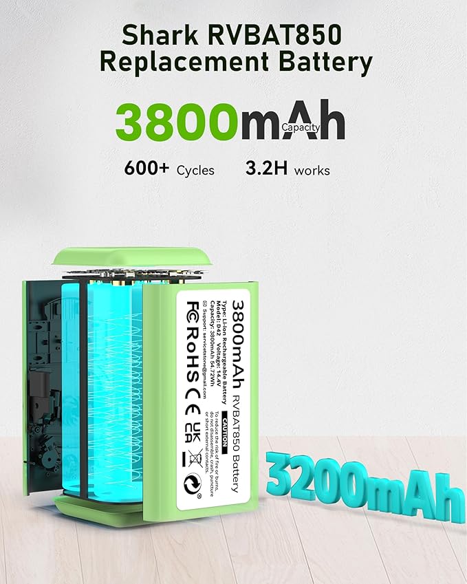 3800mAh RVBAT850 Battery, Battery Replacement for Shark Vacuum, Suitable for Rvbat850 Shark Ion-battery R75, RV761, RV850C, RV1000S, RV1100VL, RV101AE, UR1000SR, RV700_N, RV720_N(2-Prong Connector)