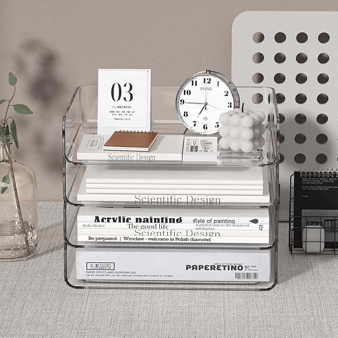 4-Tier Acrylic Paper Tray Organizer - Low-Profile Desk File Sorter for Office/Home, Clear Stackable Letter Tray for Bills, Crafts, Notebooks