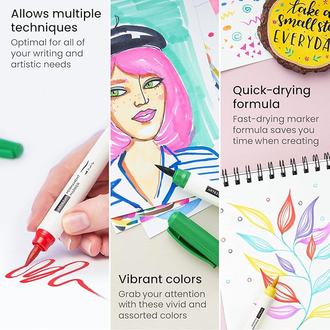 ARTEZA Colored Permanent Markers, Set of 16, Brush Tip Pens