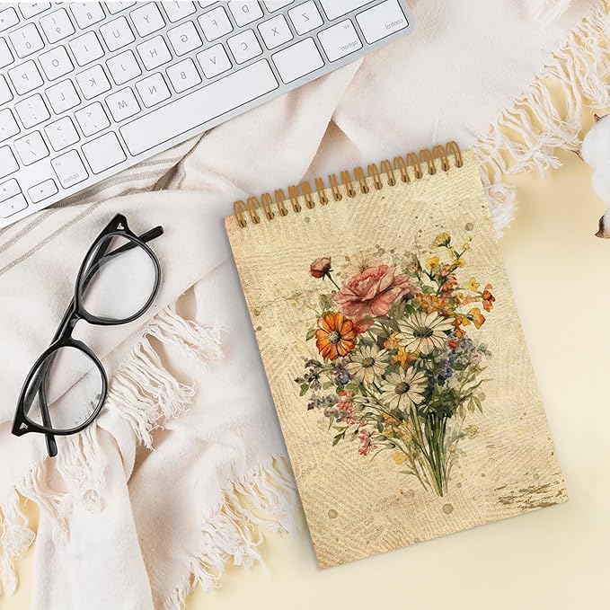 Vintage Floral Top Spiral Notebook, Flower Journal Notebook, Floral Journal, Retro Floral Plant Notebooks for School Work, Boho Botanical Office Supplies Gifts for Women Men Christmas, 5.5x8.3In