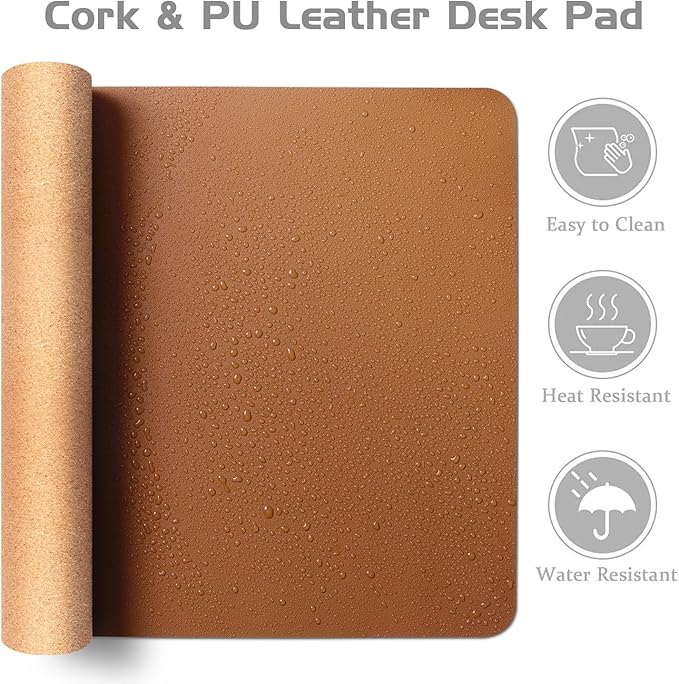 Aothia Double-Sided Desk Pad, 37.8"x17" Leather Desk Mat, Eco Cork Desk Pad Protector,Large Mouse Pad,Waterproof Desk Blotter for Office/Home(Brown)