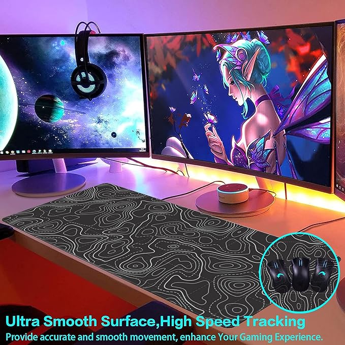 Large Gaming Mouse Pad for Desk, Black Ocean Bottom Topographic Line Map Desk Mat for Desktop, Non-Slip Rubber Base Stitched Edge Long Computer Keyboard Mouse Mat Desk Pad for Home Office 35.4"X15.7"