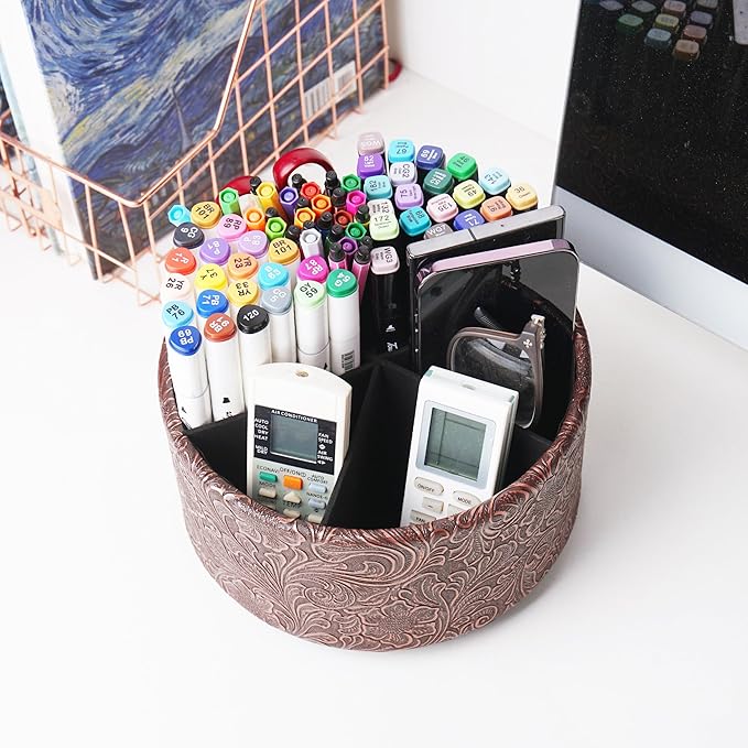 lizimandu Remote Control Holder, 360°Spinning PU Leather Desk TV Remote Caddy,Desk Storage Box Room Accessories for Controller, Media,Mail,Calculator, Mobile Phone,Pencil(1B-Carved Cooper Red)