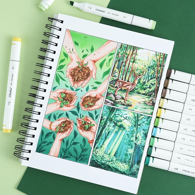 Ohuhu Double-Sided Marker Pad Art Sketchbook Bleedproof - 7"x10" Large Paper Size - 90 lb/150 gsm Smooth Drawing Paper - 60 Sheets/120 Pages - Spiral Bound Sketching Book for Alcohol Markers
